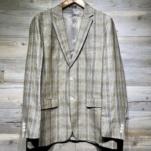 Enzo Tovare 100% Linen Blazer Jacket Men’s 42L Brown Windowpane Plaid Two-Button